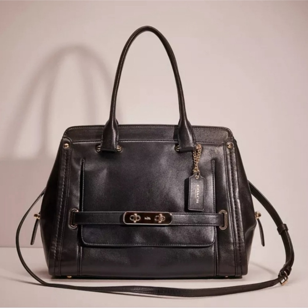 Coach Swagger Frame Satchel Black Leather Handbag with Crossbody Strap